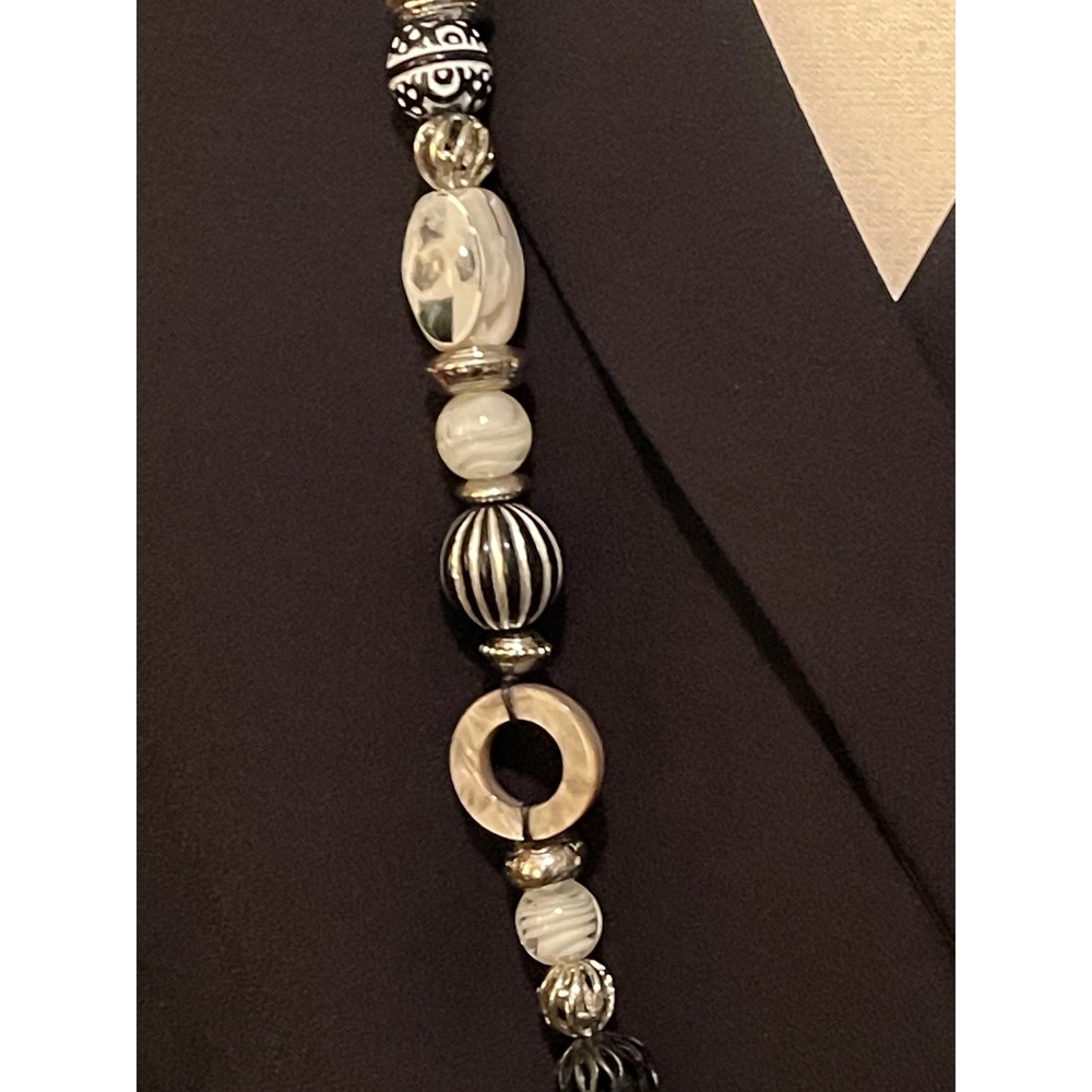 Chicos Black White Silver Beaded Statement Necklace 22 Inch Long Cord Eclectic - Picture 7 of 11
